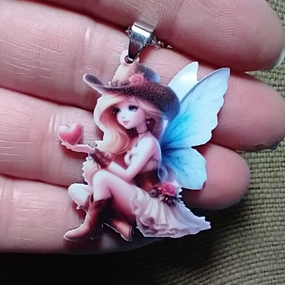 Fairy Pendant Necklace Blue Wings and Red Heart in Brown cowboy hat roses